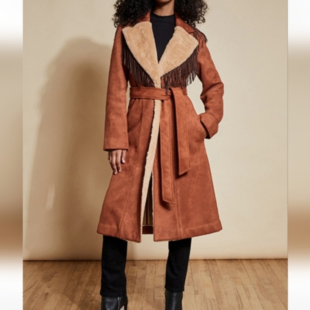 Anthropologie Brown and Cream Fringe Coat